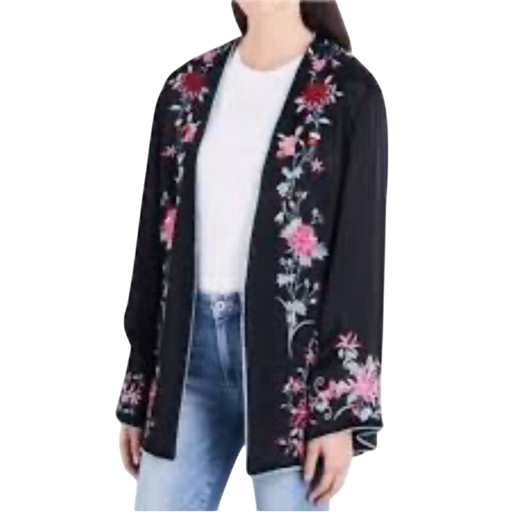 Free People Kimono‎ Jacket Womens Small Black Floral Embroidered Boho Artsy